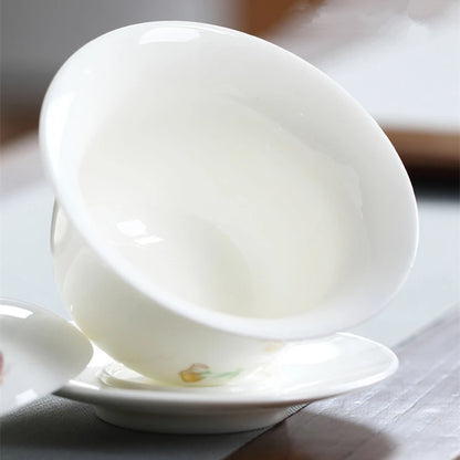 art nouveau porcelain gaiwan flower butterfly relief ceramic tureen China bowl set with lid cup saucer 150ml high quality new