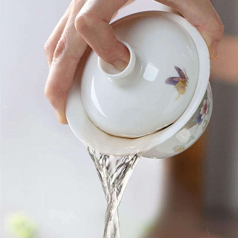 art nouveau porcelain gaiwan flower butterfly relief ceramic tureen China bowl set with lid cup saucer 150ml high quality new