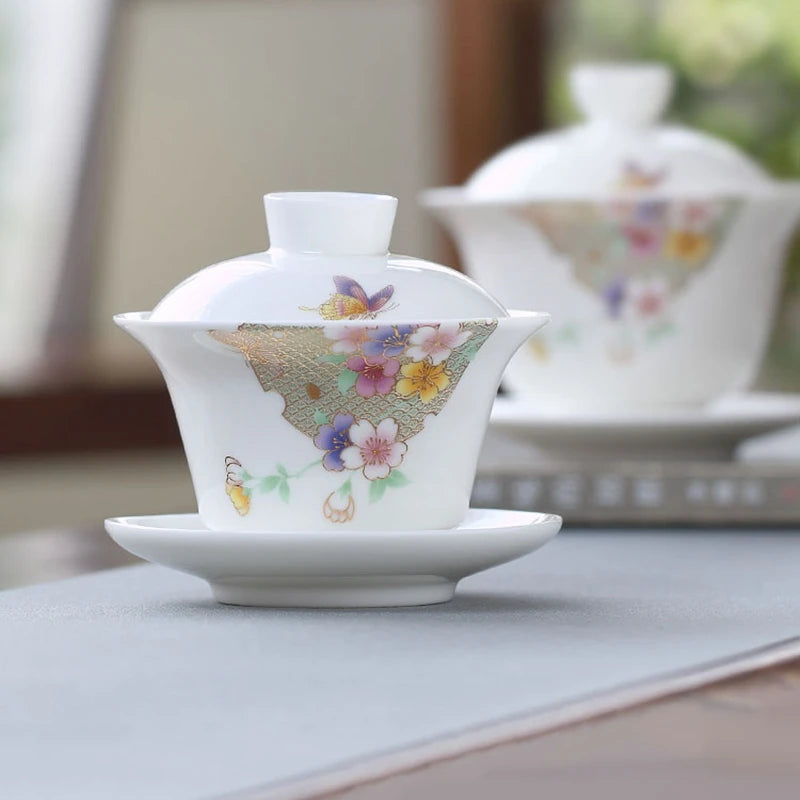 art nouveau porcelain gaiwan flower butterfly relief ceramic tureen China bowl set with lid cup saucer 150ml high quality new