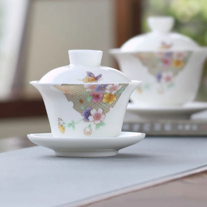 art nouveau porcelain gaiwan flower butterfly relief ceramic tureen China bowl set with lid cup saucer 150ml high quality new