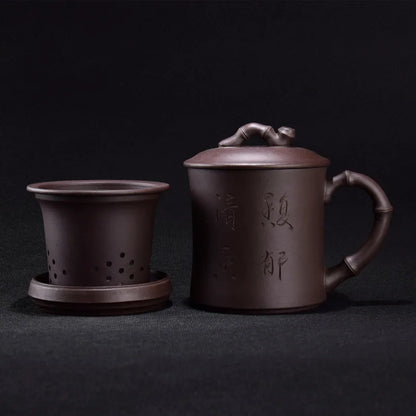 authentic yixing zisha office cup with infuser cup inside real original ore purple grit mug handle lid handmade carved tea cups