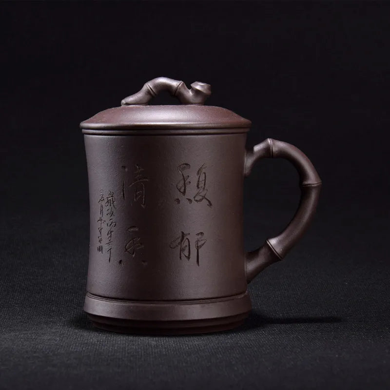 authentic yixing zisha office cup with infuser cup inside real original ore purple grit mug handle lid handmade carved tea cups