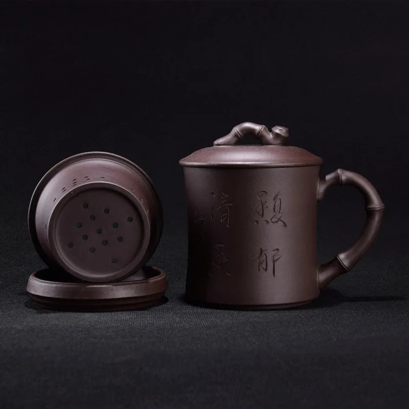 authentic yixing zisha office cup with infuser cup inside real original ore purple grit mug handle lid handmade carved tea cups