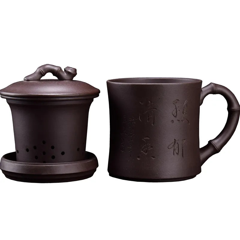 authentic yixing zisha office cup with infuser cup inside real original ore purple grit mug handle lid handmade carved tea cups