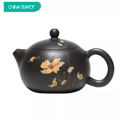 260ml Yixing Purple Clay Teapot Master Handmade Flower Pattern Xishi Tea Pot Raw Ore Black Mud Kettle Chinese Zisha Tea Set Gift