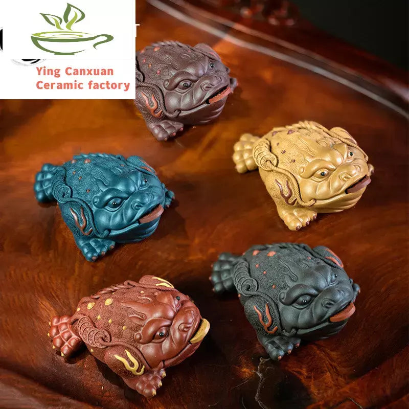 Boutique Purple Clay Tea pet Lucky Golden Toad Statue Tea Figurine Ornaments Handmade Crafts Tea Set Decoration Accessories