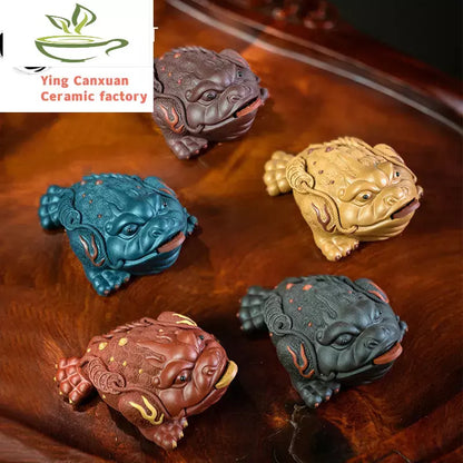 Boutique Purple Clay Tea pet Lucky Golden Toad Statue Tea Figurine Ornaments Handmade Crafts Tea Set Decoration Accessories