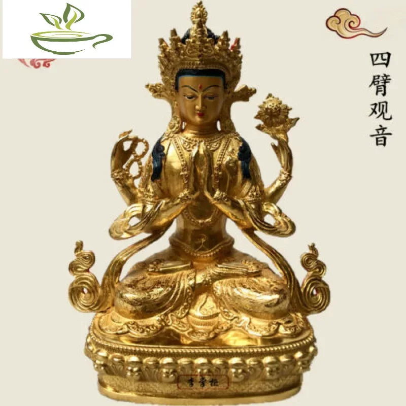 12"/30cm Handpainted gilt bronze statue Buddha Nepal Divinity Kwan-yin 4 arms