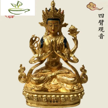 12"/30cm Handpainted gilt bronze statue Buddha Nepal Divinity Kwan-yin 4 arms
