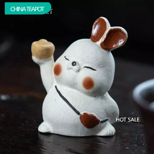Yixing Handmade Purple Clay Tea Pet Zodiac White Rabbit Statue Ornaments Tea Figurine Chinese Zisha Sculpture Tea Set Decoration