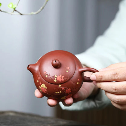 ball shaped infuser holes hand carved wintersweet flower embossed tea pot real yixing zisha original ore dahongpao clay xishi