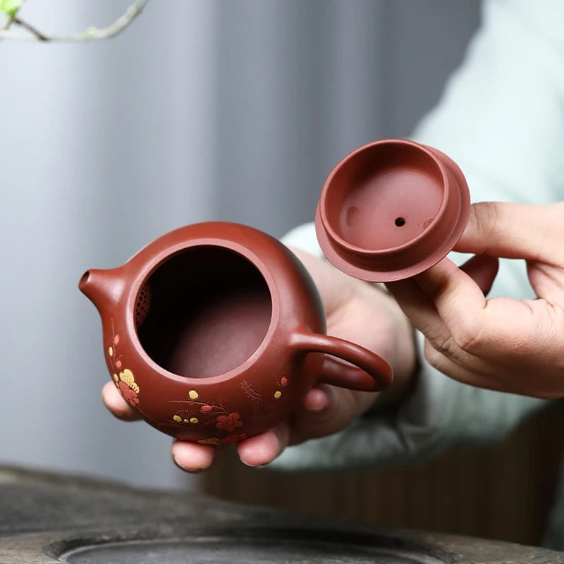 ball shaped infuser holes hand carved wintersweet flower embossed tea pot real yixing zisha original ore dahongpao clay xishi