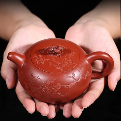 ball shaped infuser holes handmade tea pot marked tree embossed mascot statue on lid marked master pot 230ml hand carved new