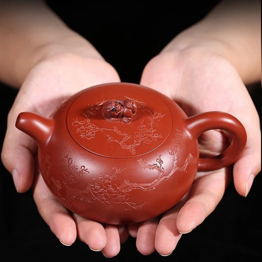 ball shaped infuser holes handmade tea pot marked tree embossed mascot statue on lid marked master pot 230ml hand carved new