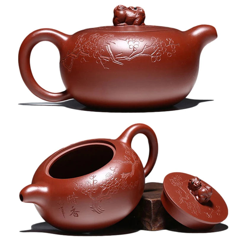 ball shaped infuser holes handmade tea pot marked tree embossed mascot statue on lid marked master pot 230ml hand carved new