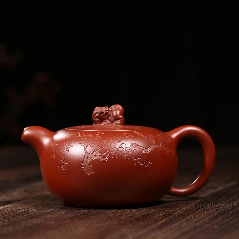ball shaped infuser holes handmade tea pot marked tree embossed mascot statue on lid marked master pot 230ml hand carved new