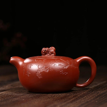 ball shaped infuser holes handmade tea pot marked tree embossed mascot statue on lid marked master pot 230ml hand carved new