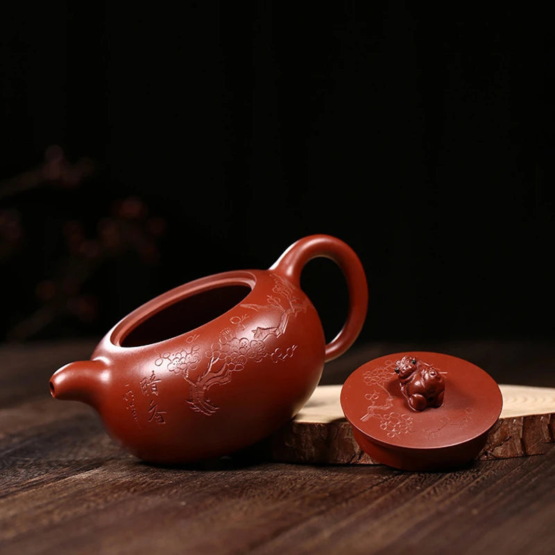 ball shaped infuser holes handmade tea pot marked tree embossed mascot statue on lid marked master pot 230ml hand carved new