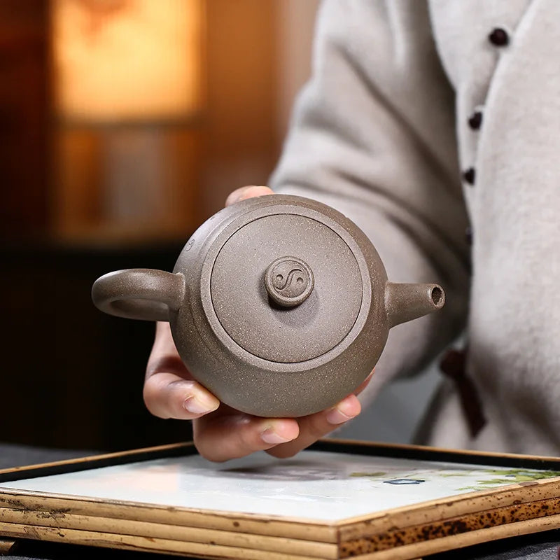 ball shaped infuser holes true yixing zisha original ore qinghui duan clay marked tea pot Chinese character carved pot of tea