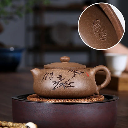 bamboo carved tea pot authentic yixing zisha qinghui clay marked pot handmade craft 9 infuser holes on sales in China