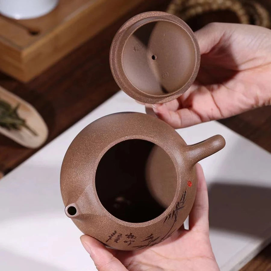 bamboo carved tea pot authentic yixing zisha qinghui clay marked pot handmade craft 9 infuser holes on sales in China