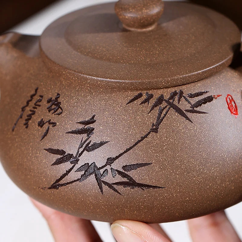 bamboo carved tea pot authentic yixing zisha qinghui clay marked pot handmade craft 9 infuser holes on sales in China