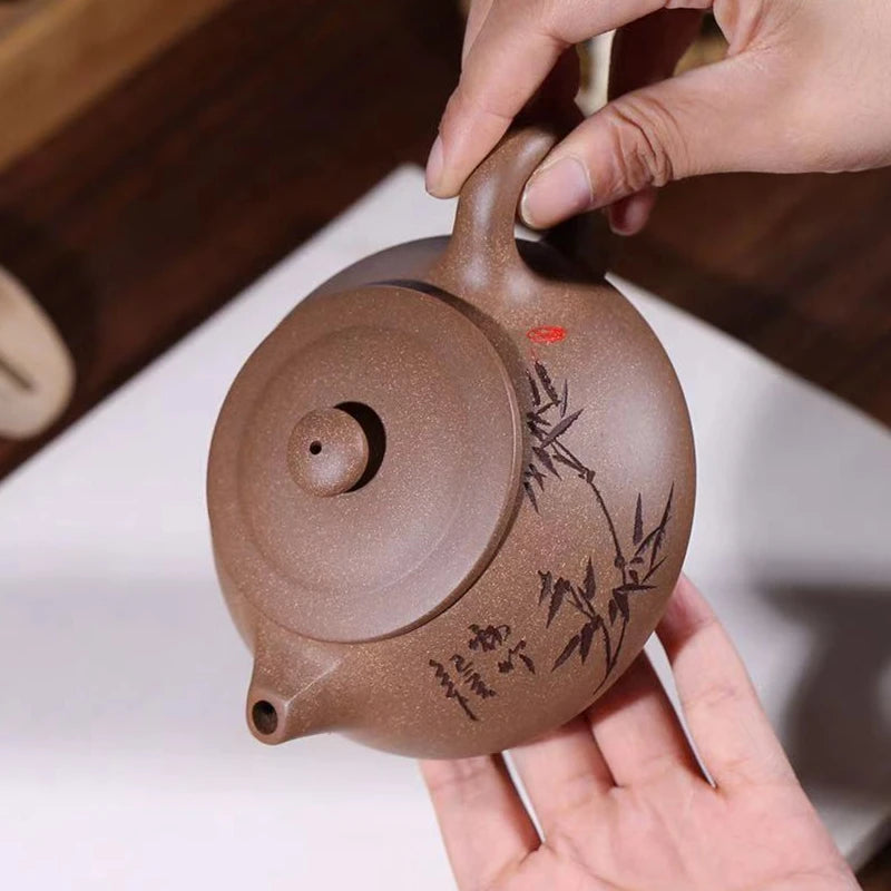 bamboo carved tea pot authentic yixing zisha qinghui clay marked pot handmade craft 9 infuser holes on sales in China