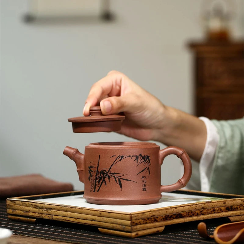 bamboo design real yixing zisha tea pot purple grit on sales kungfu pot marked handpainted clay pot of tea China free shipping