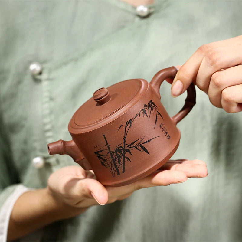 bamboo design real yixing zisha tea pot purple grit on sales kungfu pot marked handpainted clay pot of tea China free shipping