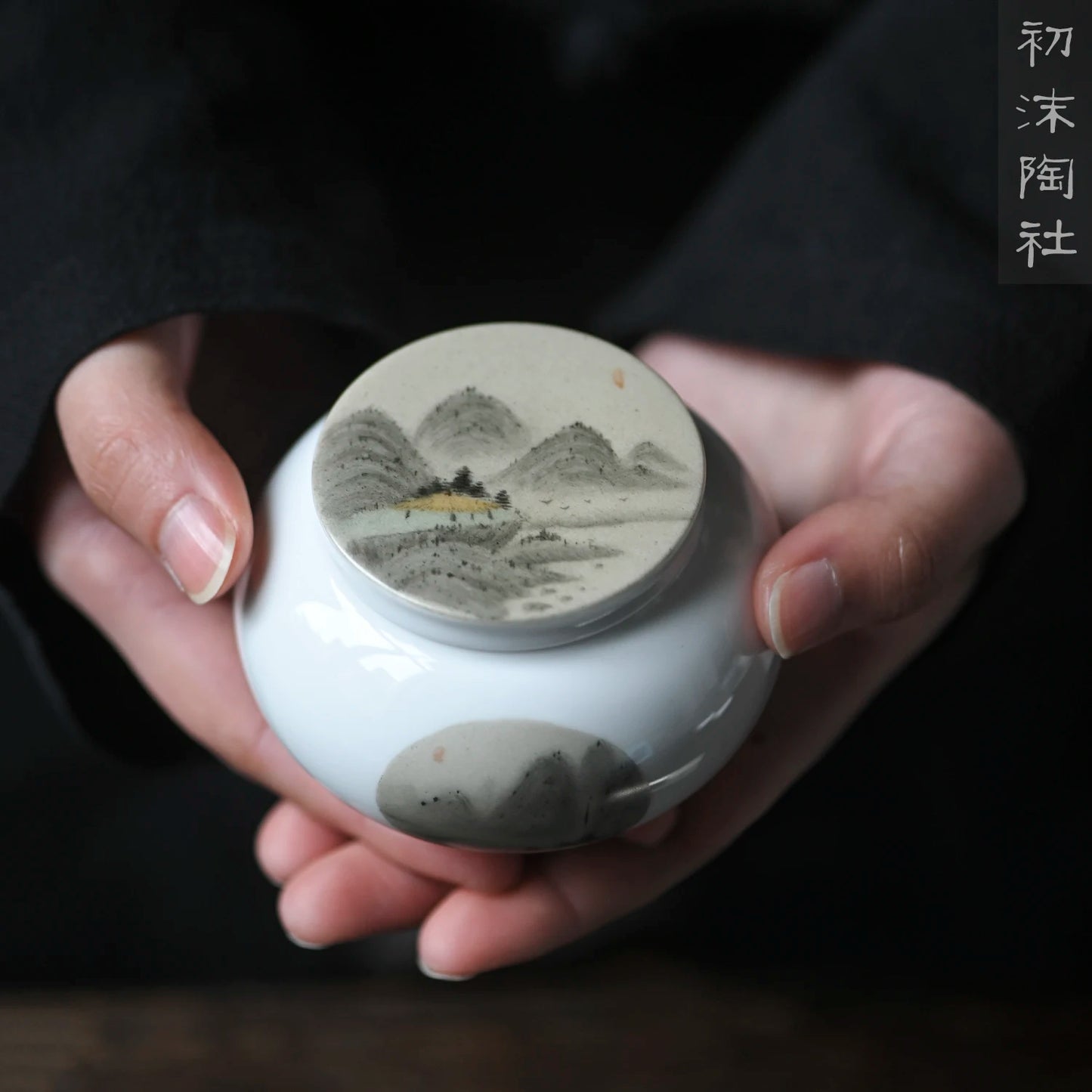 beginning of the jingdezhen hand-painted mountains caddy small mini portable moistureproof tea warehouse ceramic POTS