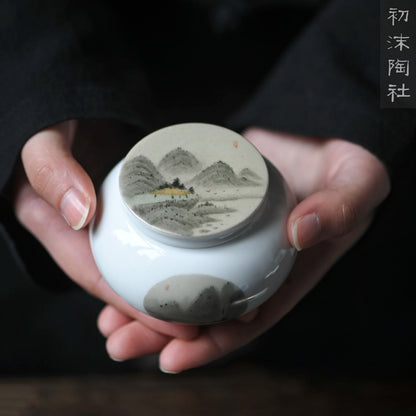 beginning of the jingdezhen hand-painted mountains caddy small mini portable moistureproof tea warehouse ceramic POTS