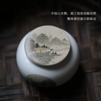 beginning of the jingdezhen hand-painted mountains caddy small mini portable moistureproof tea warehouse ceramic POTS