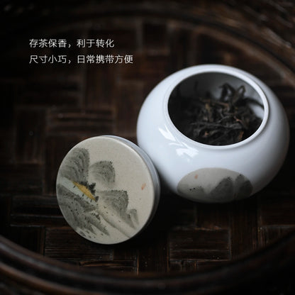 beginning of the jingdezhen hand-painted mountains caddy small mini portable moistureproof tea warehouse ceramic POTS