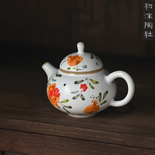 beginning of the jingdezhen undressed ore clay hand-painted pomegranate teapot retro household single pot of tea teapot
