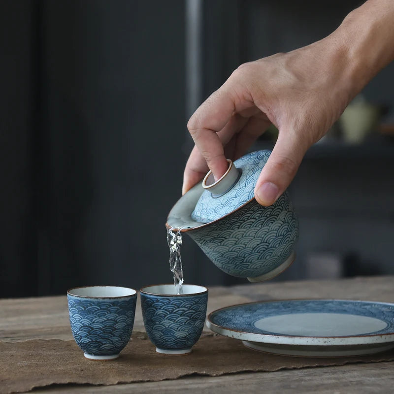 beginning of the pure manual only three tureen under glaze blue coarse pottery tureen xiangyun pot of kung fu tea cups