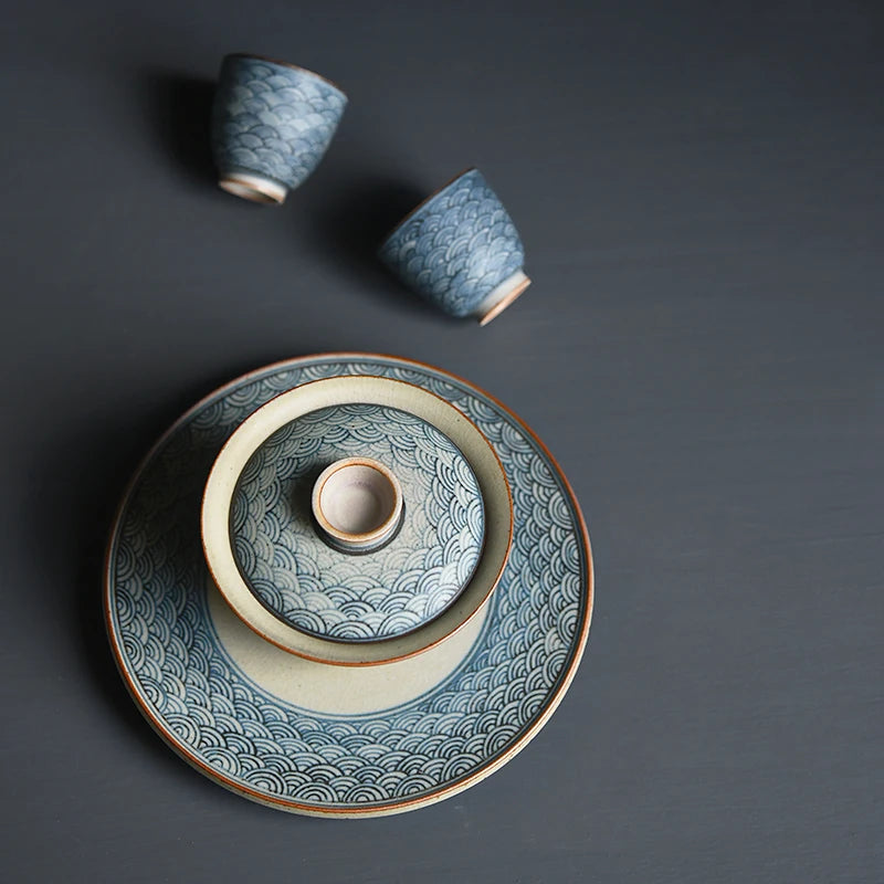 beginning of the pure manual only three tureen under glaze blue coarse pottery tureen xiangyun pot of kung fu tea cups