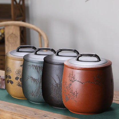 big jar with sealed lid tea Storage for Pu'er cake real yixing zisha tea canister hand carved wintersweet orchid bamboo Mum new