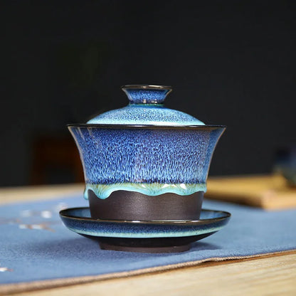 bigger gaiwan kiln change unique tureen Chinese porcelain cup bowl with saucer lid blue zisha purple clay glaze covered bowls