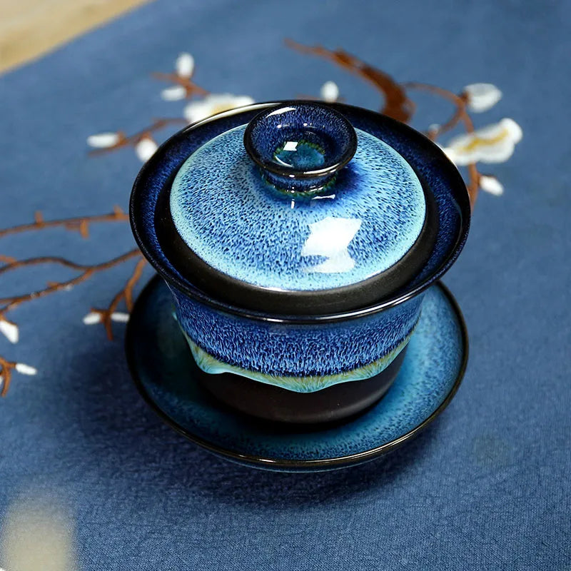 bigger gaiwan kiln change unique tureen Chinese porcelain cup bowl with saucer lid blue zisha purple clay glaze covered bowls