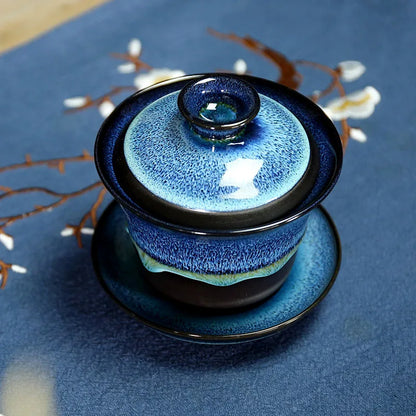 bigger gaiwan kiln change unique tureen Chinese porcelain cup bowl with saucer lid blue zisha purple clay glaze covered bowls
