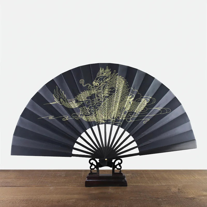 black-faced large folding fan, Chinese printed golden dragon fan, home decorations, wedding Daily use dance gift Hand fan 33cm