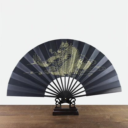 black-faced large folding fan, Chinese printed golden dragon fan, home decorations, wedding Daily use dance gift Hand fan 33cm