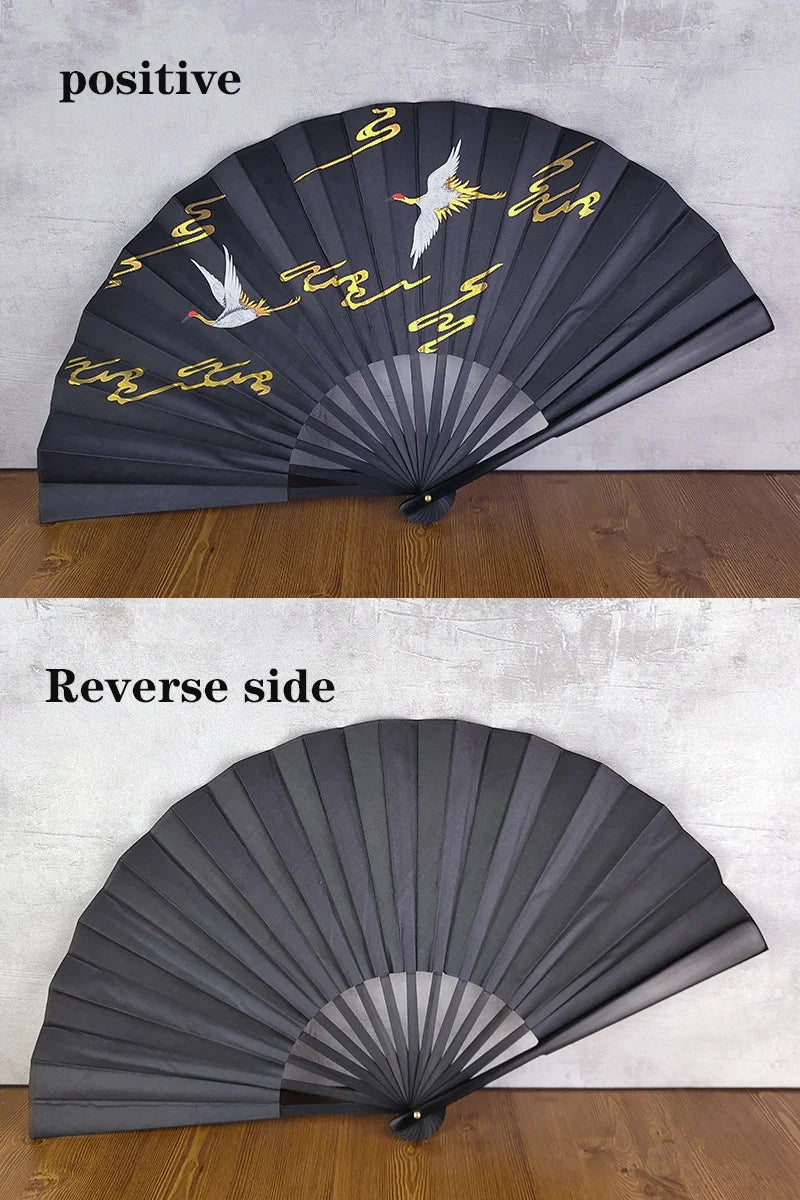 black-faced large folding fan, Chinese printed golden dragon fan, home decorations, wedding Daily use dance gift Hand fan 33cm