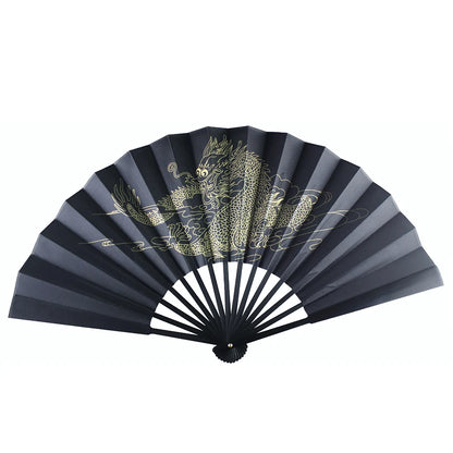 black-faced large folding fan, Chinese printed golden dragon fan, home decorations, wedding Daily use dance gift Hand fan 33cm