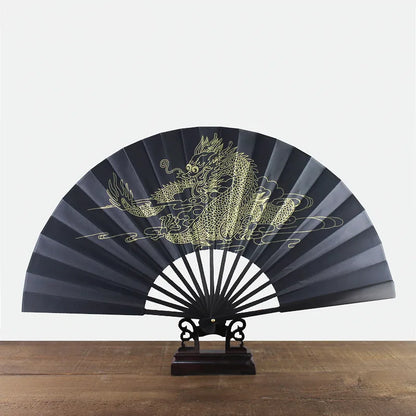 black-faced large folding fan, Chinese printed golden dragon fan, home decorations, wedding Daily use dance gift Hand fan 33cm