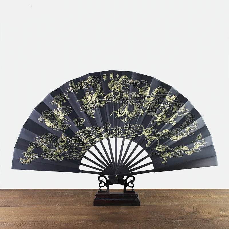 black-faced large folding fan, Chinese printed golden dragon fan, home decorations, wedding Daily use dance gift Hand fan 33cm