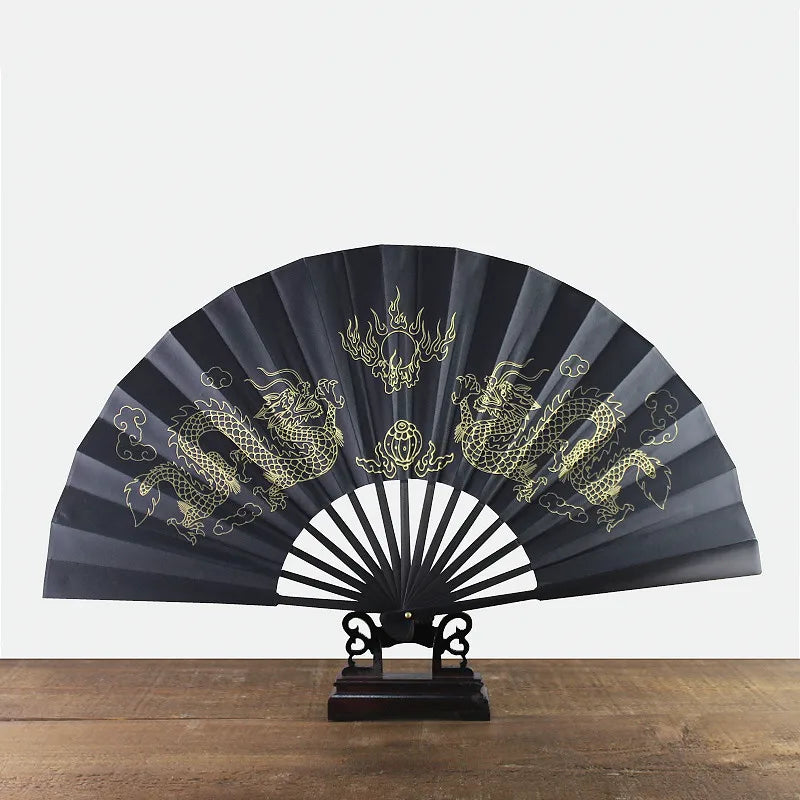 black-faced large folding fan, Chinese printed golden dragon fan, home decorations, wedding Daily use dance gift Hand fan 33cm