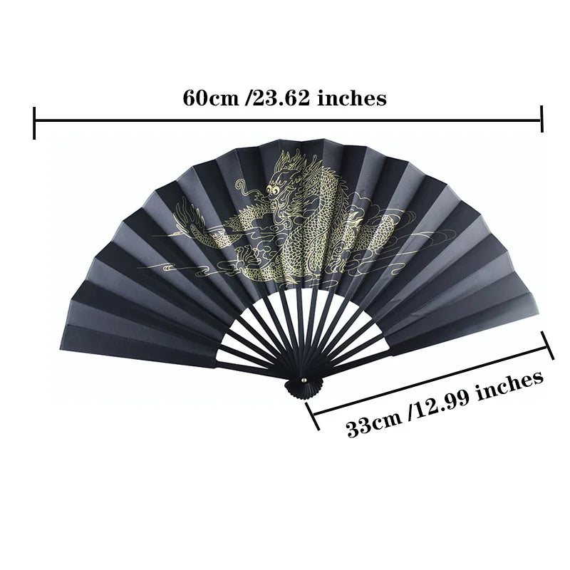 black-faced large folding fan, Chinese printed golden dragon fan, home decorations, wedding Daily use dance gift Hand fan 33cm