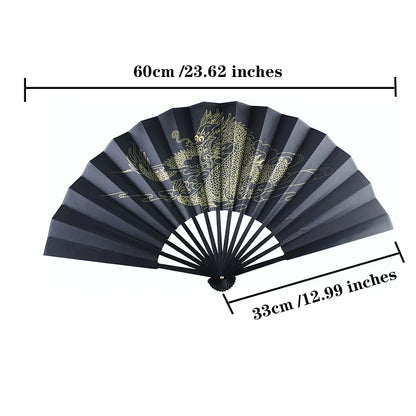 black-faced large folding fan, Chinese printed golden dragon fan, home decorations, wedding Daily use dance gift Hand fan 33cm