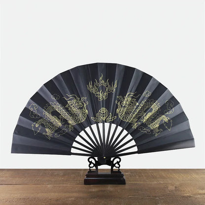 black-faced large folding fan, Chinese printed golden dragon fan, home decorations, wedding Daily use dance gift Hand fan 33cm